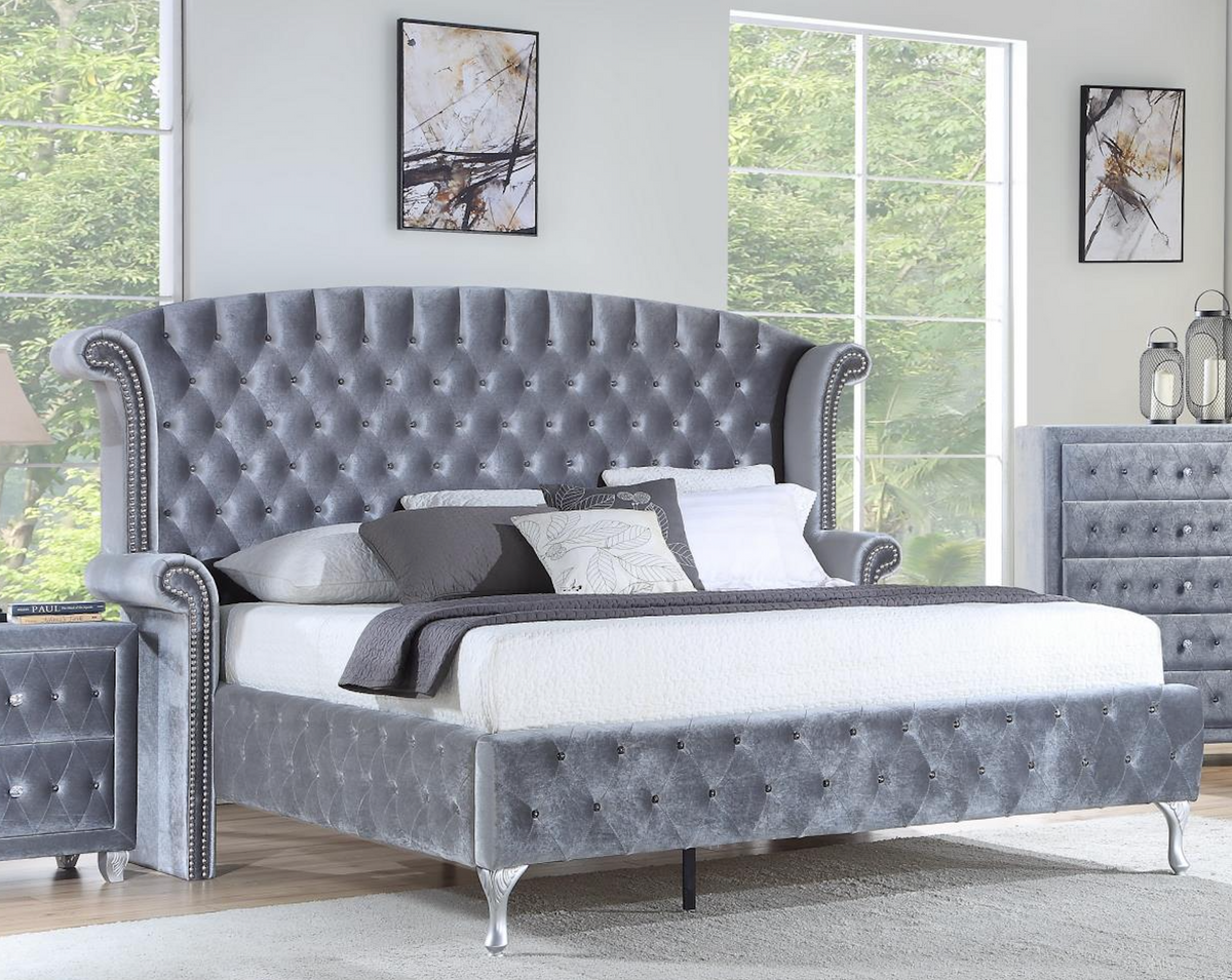 Gray Velvet Queen Bed