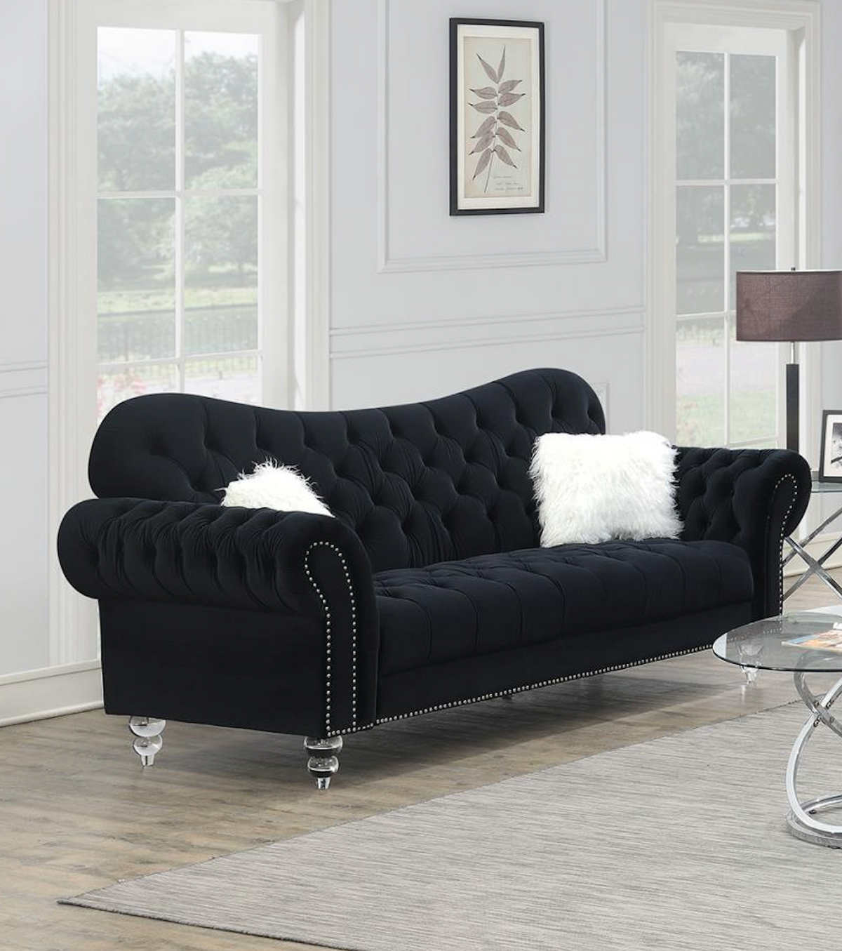 Black Sofa W/Two White Fur Pillows & Acrylic Legs