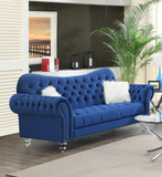 Navy Sofa W/Two White Fur Pillows & Acrylic Legs