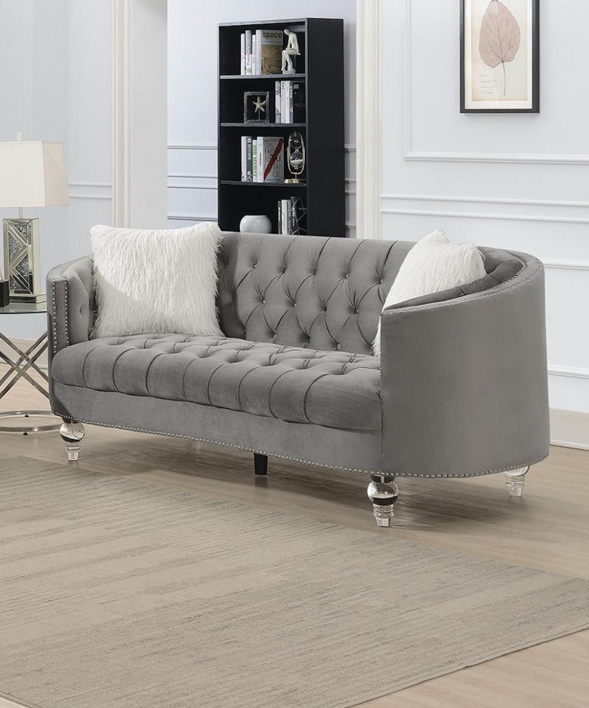 Gray Sofa W/Two White Fur Pillows & Acrylic Legs