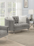 Gray Loveseat W/Two White Fur Pillows & Acrylic Legs