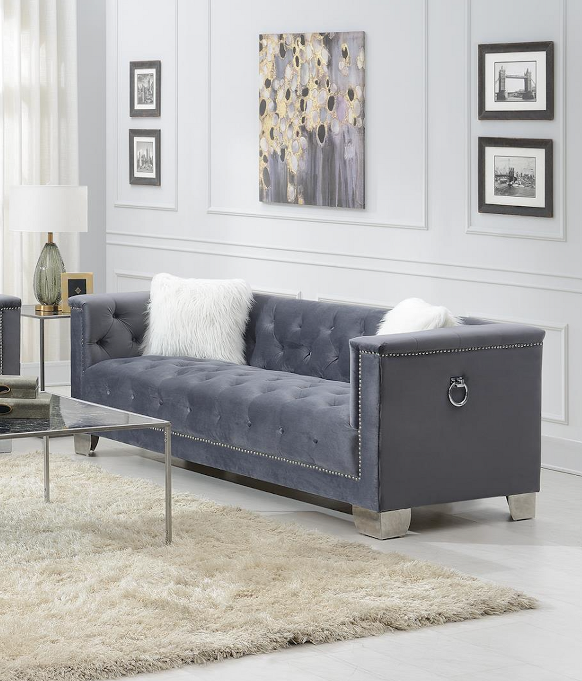 Gray Sofa W/Two White Fur Pillows