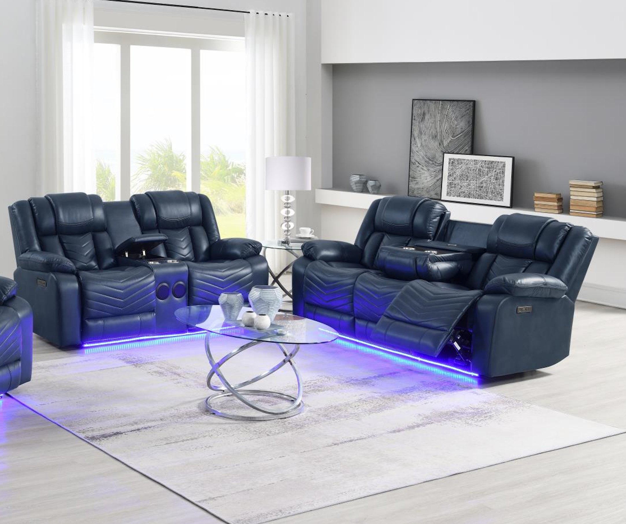 Navy Power Reclining Loveseat W/Led Light & Speaker