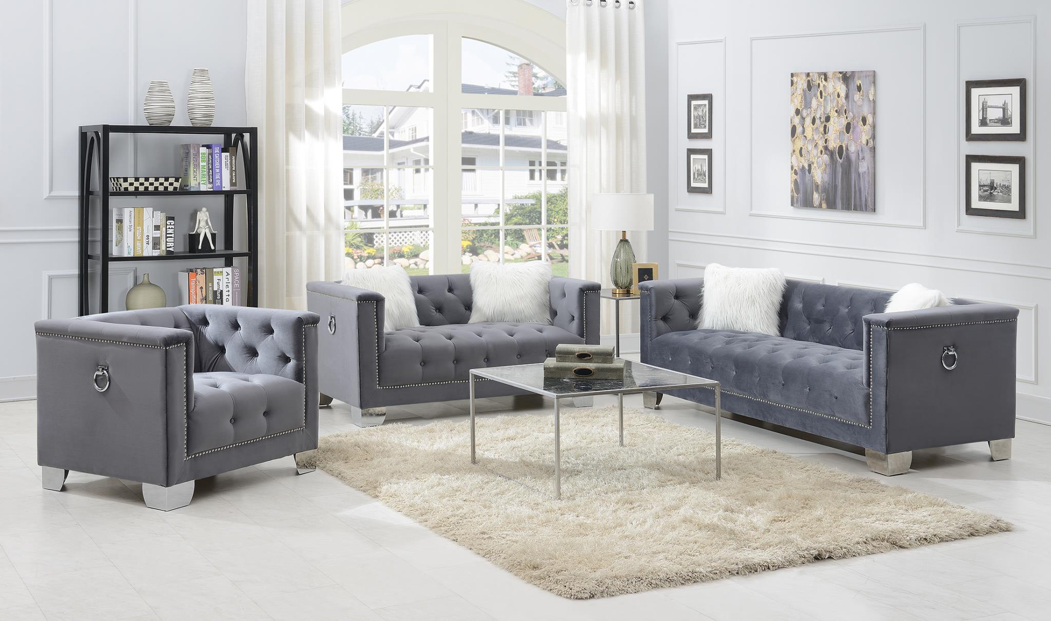 Gray Sofa W/Two White Fur Pillows