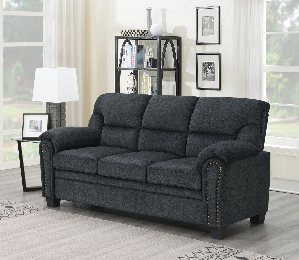 Charcoal Chenille Sofa W/Nailhead