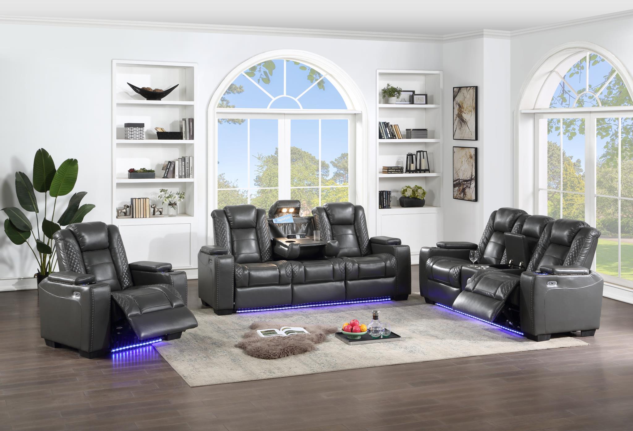 Gray Led Power Reclining Sofa With Drop Down Table